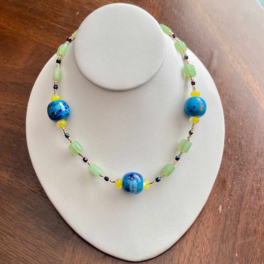 Handcrafted Floral Blue and Glass Beaded Necklace